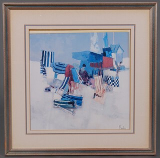 After C Fauchene, coloured print,  impressionist beach scene with deckchairs and figures 39cm x 38cm 