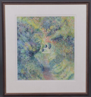 Edna M Pontins, watercolour and pastel impressionist scene "The Lane", monogrammed and dated '91,  39cm x 34cm,
