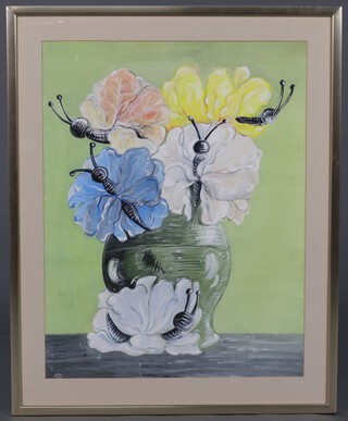 Parodi Chiarg, watercolour, still life study of a vase of flowers with insects 61cm x 49cm, signed and dated 1981 