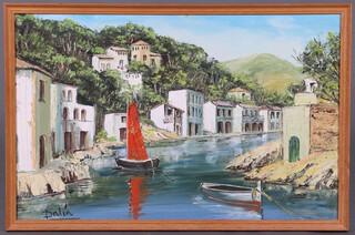 Dalia, oil on canvas signed, Continental river scene with buildings and mountains in the distance 45cm x 70cm 