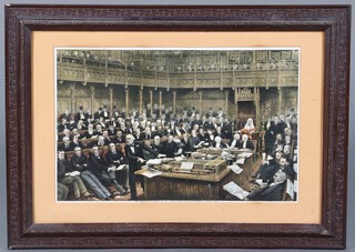 A pair of coloured prints "Mr Gladstone Delivering his Maiden Speech in The House of Commons 17th May 1833" and "Mr Gladstone Delivering his Last Speech in The House of Commons March 1st 1894" 31cm x 48cm 