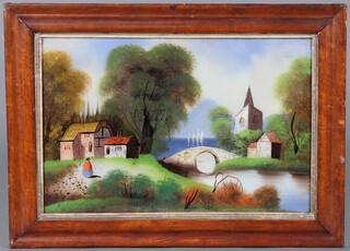 A 19th Century painting on glass, windmill by a river, 39cm x 60cm and 1 other rural scene with mountain, lake, bridge, church and figure 36cm x 56cm, in maple finished frames