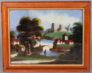 A pair of Victorian paintings on glass, river scenes with figures fishing 41cm x 54cm, contained in maple frames (some paint loss to one) 