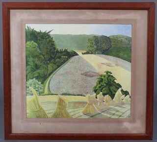 After John Nash, coloured print, impressionist scene of downland at harvest time 47cm x 52cm, in an oak frame