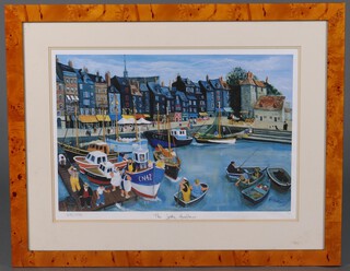 M M Loxton, limited edition coloured print "The Jetty Honfleur" no. 105/500 40cm x 57cm, contained in a maple effect frame
