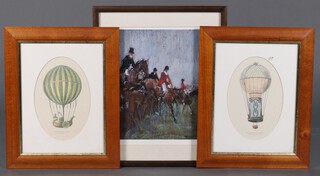 A coloured hunting print, In Full Cry, 39cm x 30cm together with 2 oval coloured prints of early balloons 29cm x 19cm in maple frames 