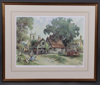 E R Sturgeon, coloured print Church, Forge and figures, 46cm x 62cm with blind proof stamp