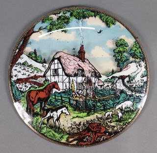 A 1930's circular convex painting on glass, country cottage with horse and garden, 40cm diameter 