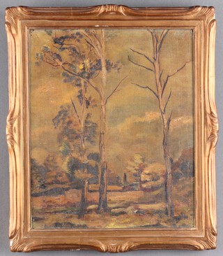 Sara Beatrice Dibdin (1874-1963), Ã¢??Putney HeathÃ¢??, 20th century oil on canvas, signed recto, titled exhibition label verso, 29cm x 24cm, within a carved gilt frame.