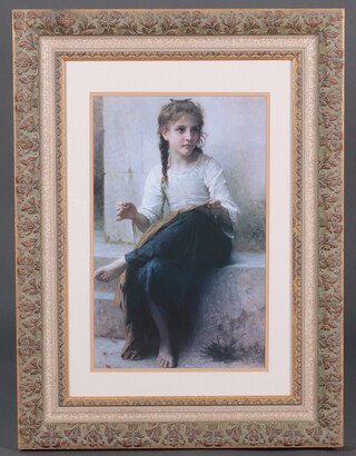 A coloured print, study of a seated girl sewing, 58cm x 37cm contained in a decorative gilt frame