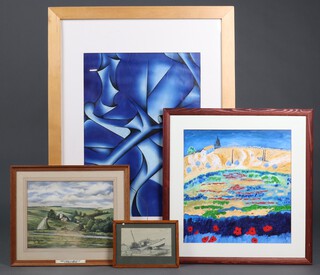 Phil Lewis, pencil sketch "Lobster Man" 11cm x 20cm, together with  a coloured print rural scene with plaque "Presented to Colonel R G F Frisby DSO MC by The School of Infantry 1955" 28cm x 36cm, an impressionist oil on canvas of a poppy field 48cm x 45cm and a blue abstract oil on paper  69cm x 50cm 