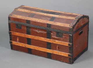 A Victorian domed wooden bound cabin trunk 53cm h x 92cm w x 48cm d 