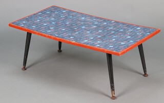 Mid Century, a rectangular beech and blue formica coffee table raised on ebonised turned supports 34cm h x 93cm w x 45cm d