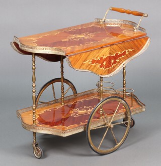 Mid Century, a 1960's Sorrento inlaid shaped two tier tea/drinks trolley 69cm h x 76cm w x 42cm d