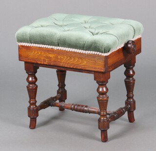 A Victorian rectangular beech adjustable piano stool raised on turned supports with H frame stretcher 45h x 44w x 36d