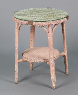 Lloyd Loom, a circular pink painted occasional table with plate glass top and undertier 71h x 56diam 