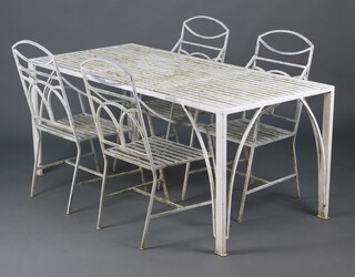 A heavy gauge aluminium garden suite comprising rectangular slatted table 70h x 168w x 76d together with 4 carver chairs