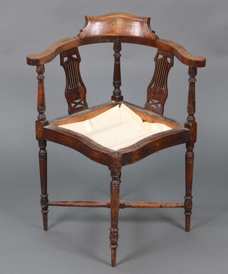 An Edwardian inlaid mahogany corner chair with vase shaped slat back 74cm h x 61cm w x 54cm d (seat requires upholstery) 