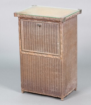 Lloyd Loom, a rectangular brown painted linen basket with plate glass top and fall front 71h x 546w x 34d