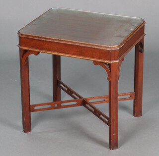 A Chippendale style mahogany lamp table, raised on square supports with X framed stretcher 53cm h x 51cm w x 42cm d 
