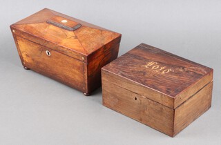 A Victorian rosewood twin compartment tea caddy of sarcophagus form with hinged lid, raised on bun feet 14cm h x 27cm w x 14cm d (interior missing), together with a Victorian rectangular inlaid rosewood box, the lid marked LOTO 11cm x 22cm x 17cm (hinge a/f, water and contact marks in places)