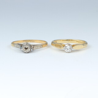 An 18ct yellow gold solitaire diamond ring and 1 other marked 18ct, sizes J and G, 3.4 grams 