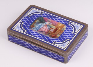 A Continental silver and enamelled cigarette/trinket box, the lid decorated an interior scene with a seated lady with blue and white chequered enamel, with 925 Continental import mark 1927, maker T J H & Company  2cm x 11cm x 8cm 