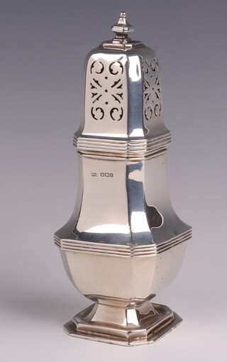 A Georgian style octagonal silver sugar caster, Sheffield 1932 by Mappin & Webb, 19cm, 232 grams  