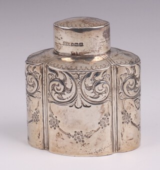 An Edwardian oval embossed silver tea caddy Sheffield 1904 by Atkin Brothers, 9cm x 8cm x 5cm, 82 grams 