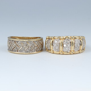 Two 9ct yellow gold dress rings set diamonds, gross weight 9.2 grams, sizes K and I 