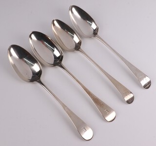 A pair of George III Old English pattern table spoons, monogrammed, London 1797 by George Burrows and 2 George III Old English pattern table spoons London 1798 by William Eley and William Fearn and London 1791 by Thomas Northcote, 247 grams 
