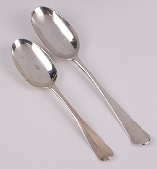 Two antique silver bottom mark Old English rat tail pattern spoons, 100 grams 