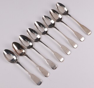 Three George III silver fiddle pattern teaspoons London 1810, together with 5 various Georgian silver teaspoons, all Old English pattern and monogrammed, 122 grams 