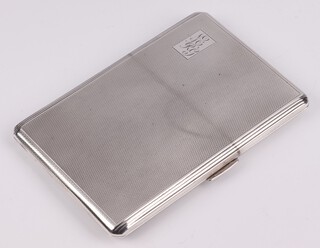 An engraved silver engine turned cigarette case, monogrammed, the interior engraved "Presented to Captain M H R Glover RE by Officers 52 Division Engineers TA Adjutant 1961-1963, Birmingham 1961, 204 grams 