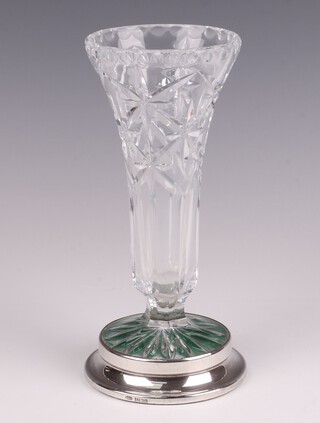 A cut glass trumpet shaped vase with circular silver base Birmingham 1977 by W I Broadway and Company 18cm 