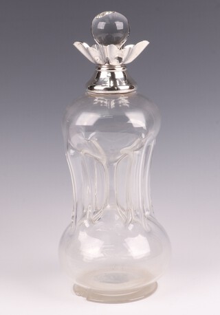 A pinched glass decanter with silver collar 27cm 