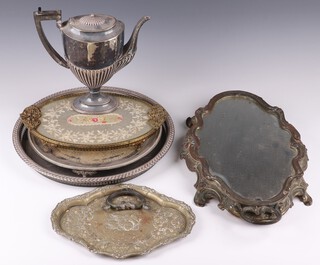 A Continental oval silver plated twin handled tray with mirror base 51cm (1 handle a/f), silver plated galleried tray, salver, 2 dressing table trays and a coffee pot  