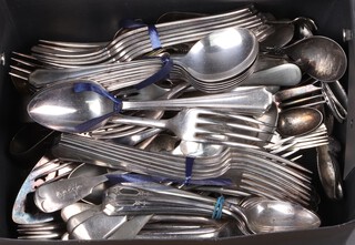 A 22 piece canteen of communion plate flatware comprising 6 soup spoons, 5 dinner forks, 6 pudding spoons, 6 pudding forks and a quantity of other plated flatware 