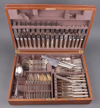 Waller & Hall, a 79 piece canteen of silver plated flatware comprising 11 dinner knives, 12 dinner forks, 3 serving spoons, 9 tea knives (1 handle a/f), 9 fish knives, 8 fish forks, 8 soup spoons, 8 pudding spoons, 8 pudding forks, in an oak canteen box  