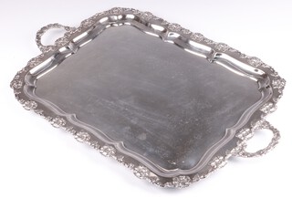 An impressive engraved silver plated twin handled tea tray with cast vinous decoration 64cm x 41cm 