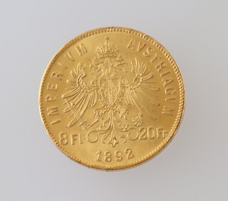 A gold Austrian 20 franc coin, dated 1892, 6.45 grams 
