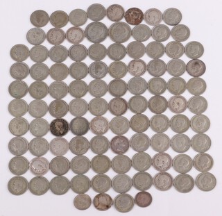A collection of pre-1947 silver coinage, mainly sixpences, 267 grams 