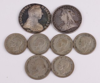 A collection of pre-1947 silver coinage to include a Victoria crown 1893, a Thaler restrike, a crown and 5 shillings, 127 grams 