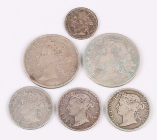 Six Queen Victoria sterling silver coins for British Honduras, various dates. Grade F-VF. KM8, 9, 10