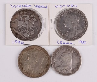 Two Victoria silver crowns 1890 and 1900, a George V silver crown 1935 and a Victoria half crown 1890, 108 grams  