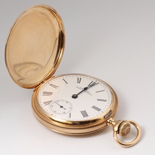 Waltham Massachusetts, an American keyless pocket watch contained in a full hunter yellow gold marked 14k case with engined turned decoration, enamelled dial, Roman numerals and seconds at 6 o'clock, the movement signed American Waltham USA Traveler, gross weight including movement 93 grams 