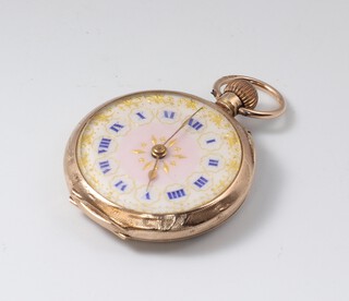 A lady's fob watch with pink and gilt dial, Roman numerals, contained in a 15ct Continental engraved gold case, unsigned movement, gross weight 20.2 grams 