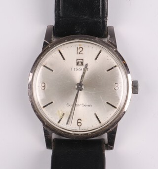 A gentleman's Tissot Seastar Seven wristwatch with silvered dial, Arabic numerals and batons, contained in a chrome case on a leather strap 