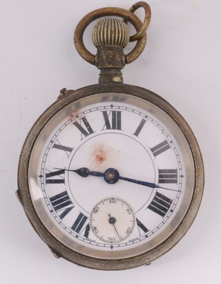 An open faced keyless pocket watch with enamelled dial, Roman numerals, seconds at 6 o'clock   contained in an engine turned metal case 