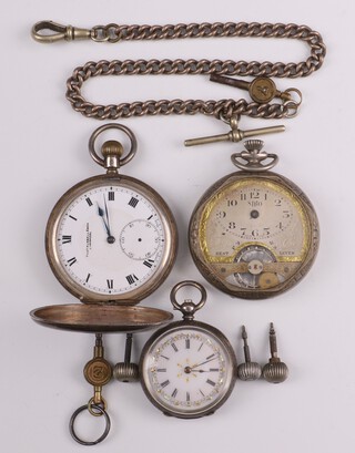 A keyless full hunter pocket watch, the enamelled dial marked Thomas Russell & Sons Liverpool with Roman numerals, seconds at 6 o'clock, contained in a silver 925 case, a lady's key wind fob watch with enamelled dial, Roman numerals contained in a marked 935 case (not running), a Siro key wind pocket watch with silvered dial, Arabic numerals in a silver plated case and a silver plated watch Albert 